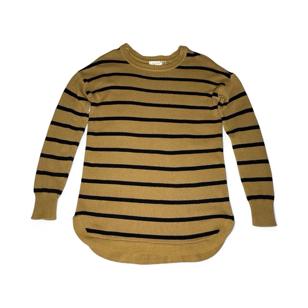 Womens Long Sweater M Beige w/Black  Stripes‎ Long Sleeves Crew Neck